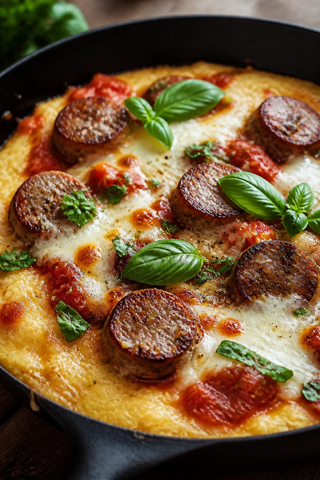 Sausage tomato basil polenta skillet with mozzarella in cast-iron pan