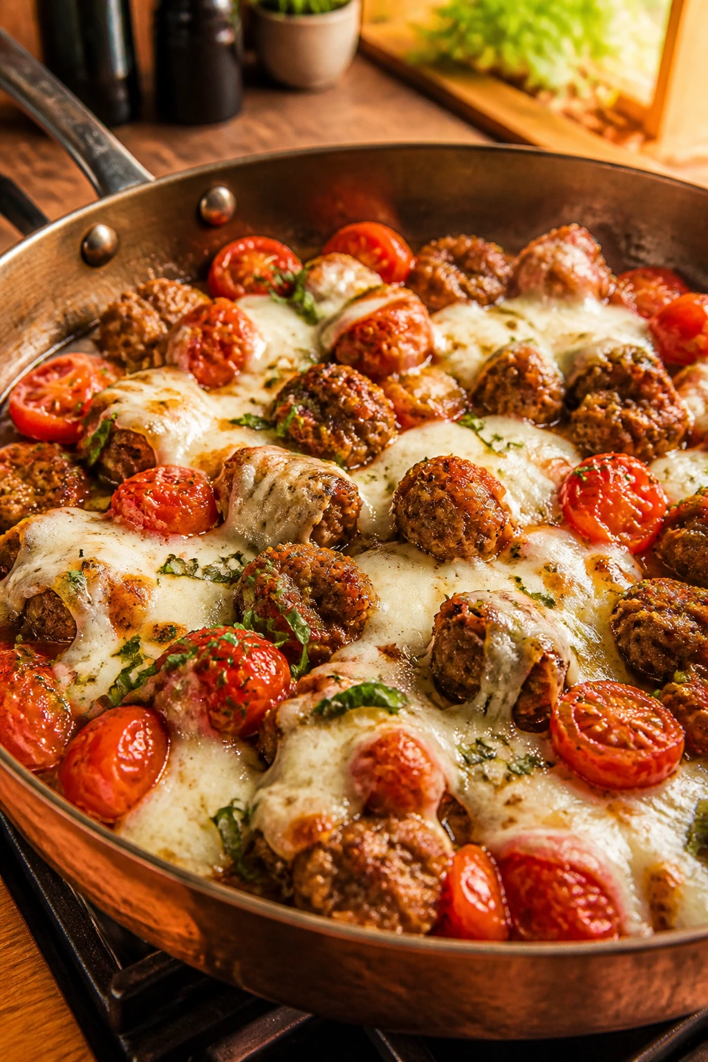 Close-up of sausage with tomatoes and melted mozzarella in a tomato mozzarella skillet