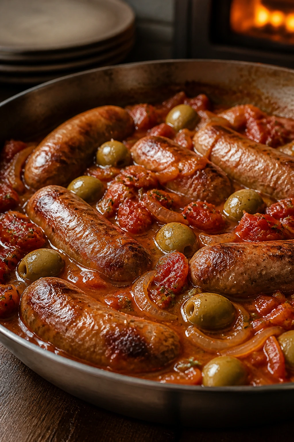 Glossy sausage braise with tomatoes and olives in a skillet on a wooden counter