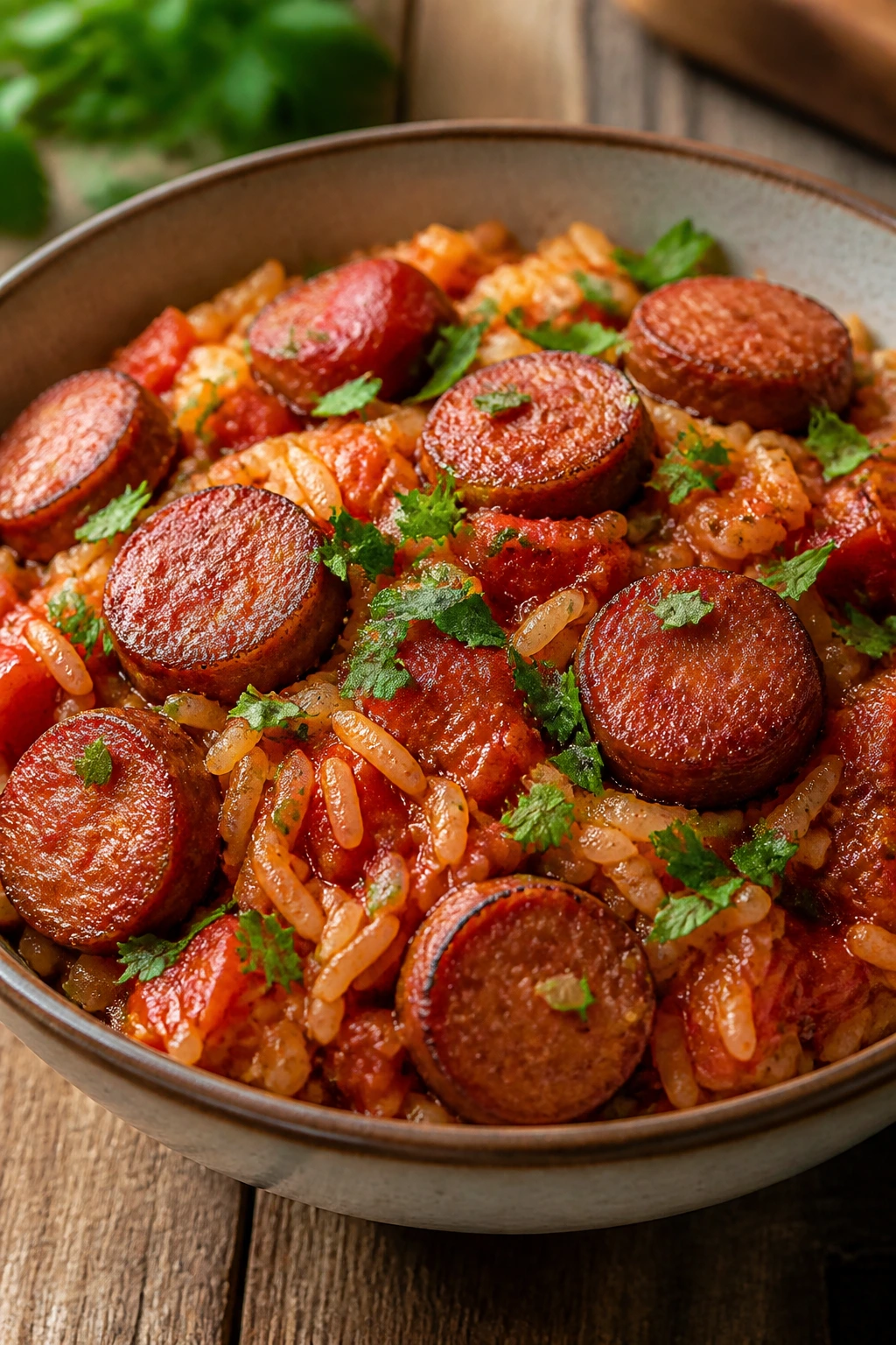 Single bowl of smoky sausage tomato rice