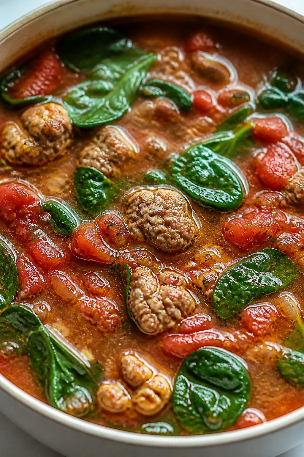 Close-up of Sausage Tomato Spinach Soup in a bowl with spinach