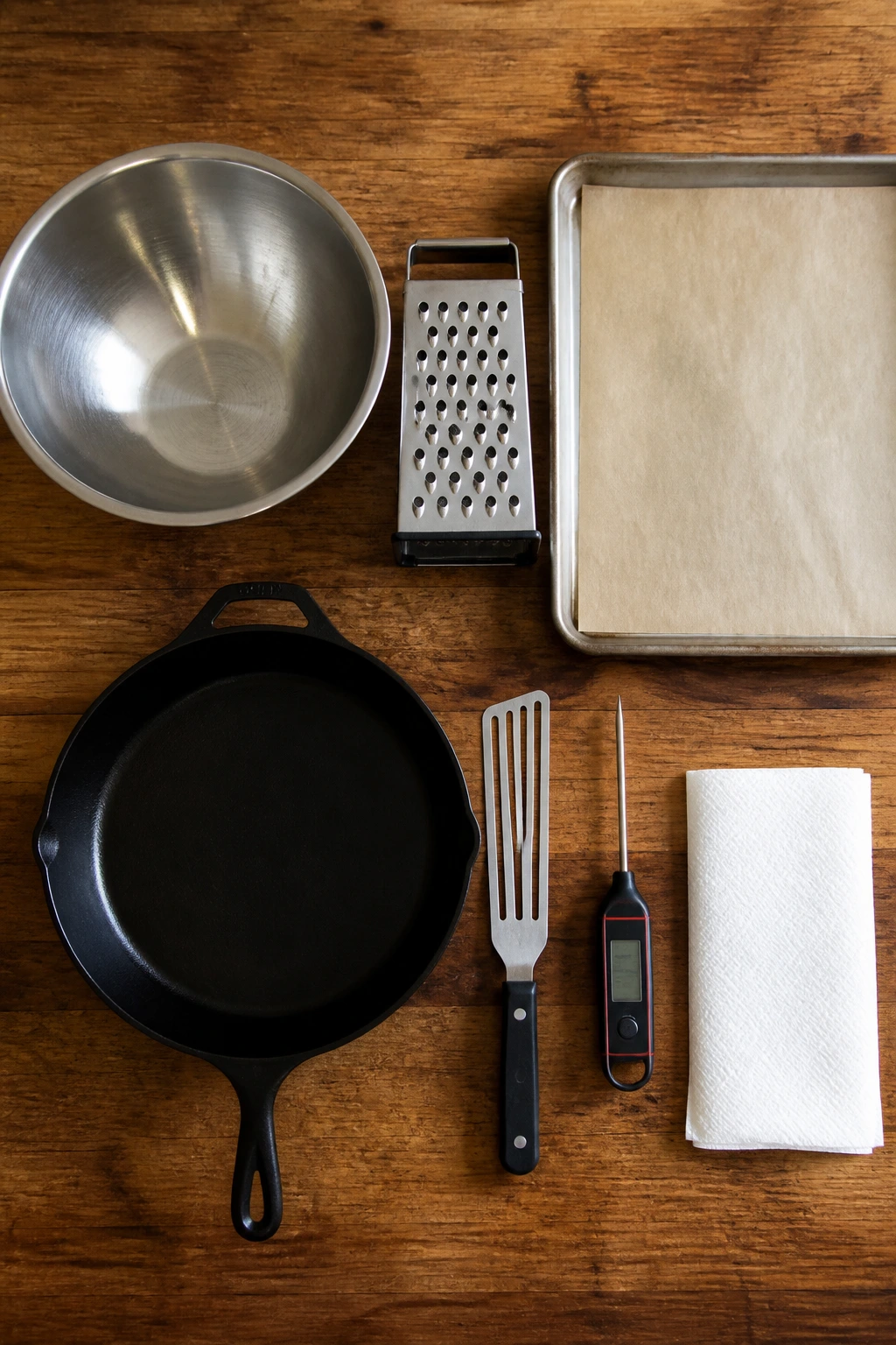Top-down view of essential kitchen tools for making beef sausage patties on a counter.