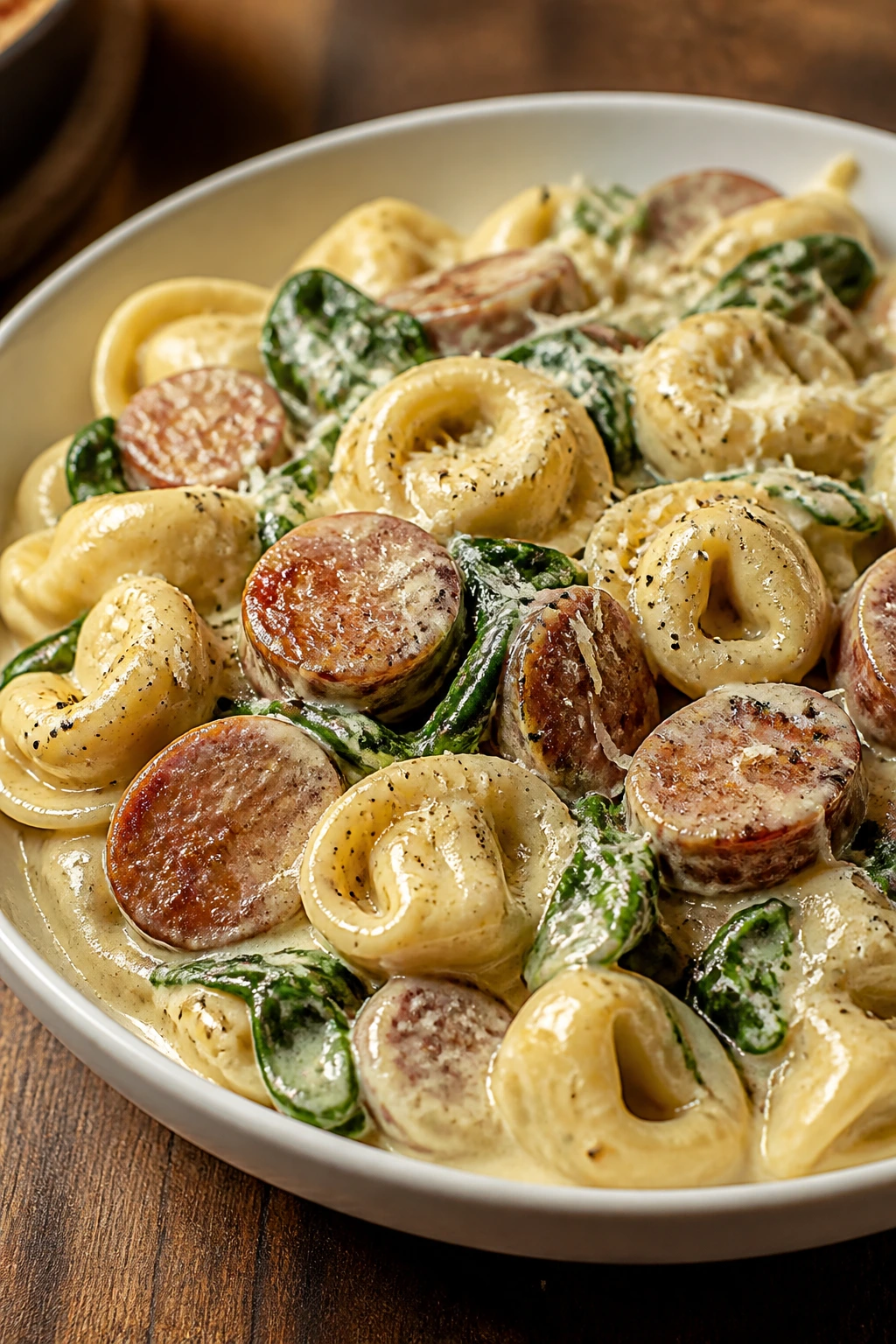 Creamy tortellini with sausage and spinach in a white bowl