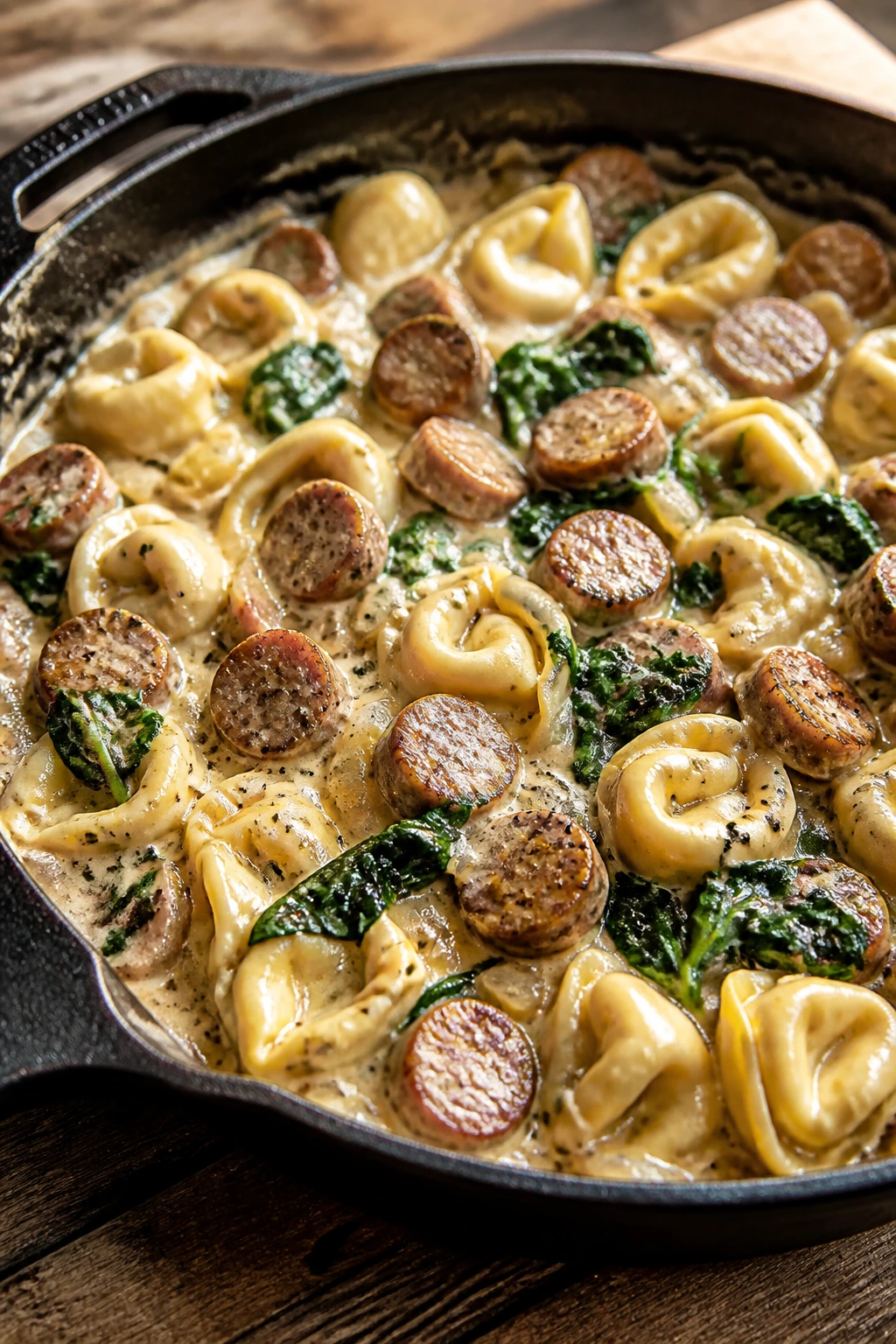 Creamy sausage tortellini Alfredo in cast-iron skillet with spinach on wood counter
