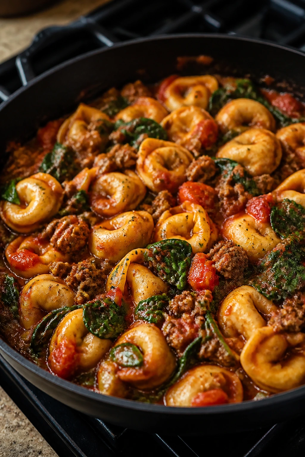 Sausage tortellini in a skillet with spinach and tomatoes