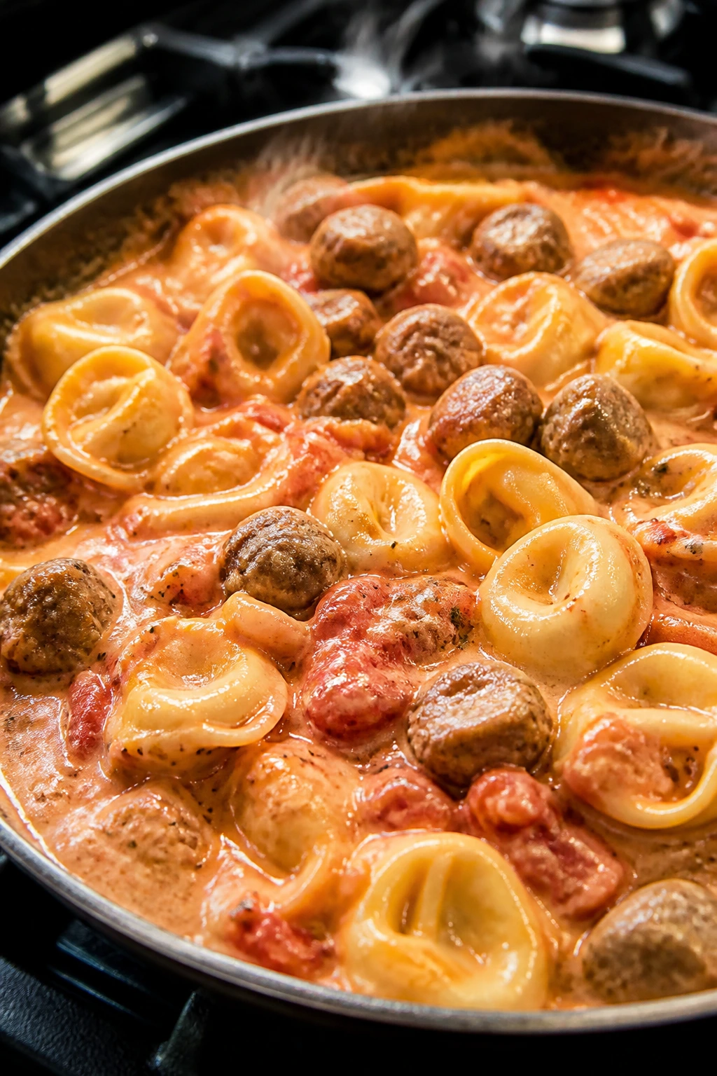 Skillet with sausage, tortellini, and creamy sauce on a stove in a cozy kitchen