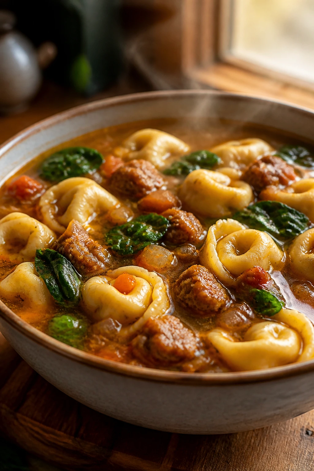 Close-up of steaming sausage tortellini soup in a rustic bowl