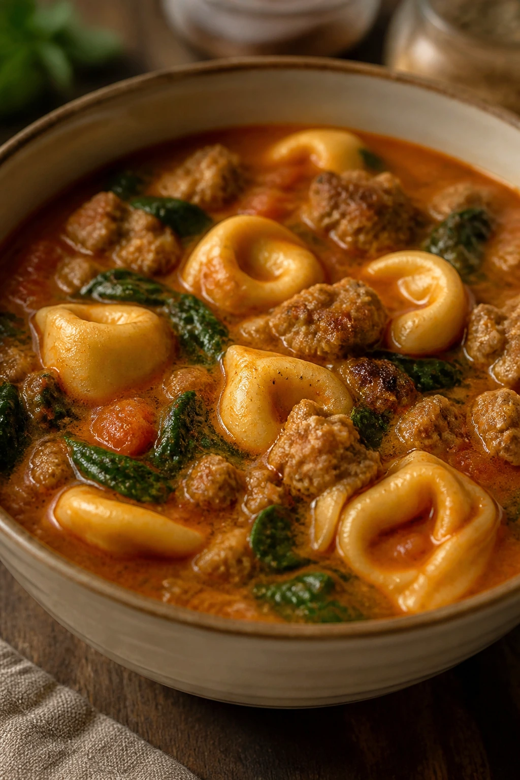 Hearty sausage and tortellini soup with sausage and tortellini in a bowl