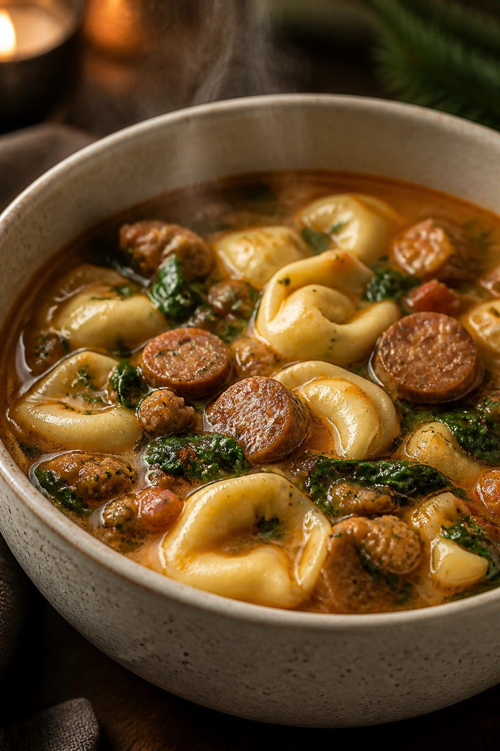 Close-up of a Sausage Tortellini Soup bowl with tortellini sausage and spinach