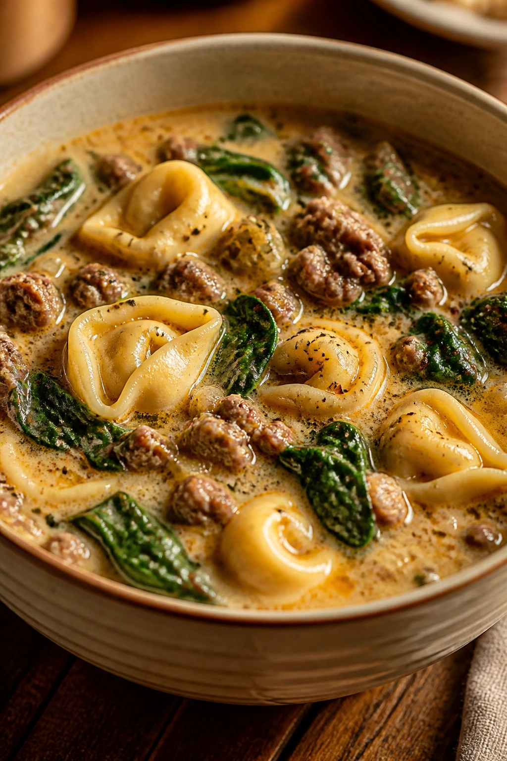 Close-up of sausage and tortellini soup with spinach in a bowl