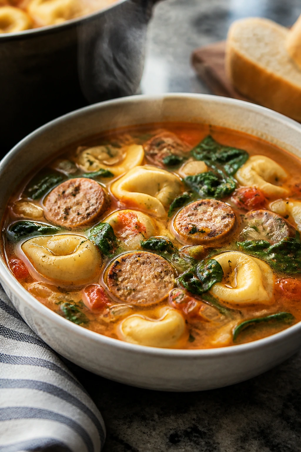 Close-up sausage tortellini soup with sausage and tortellini