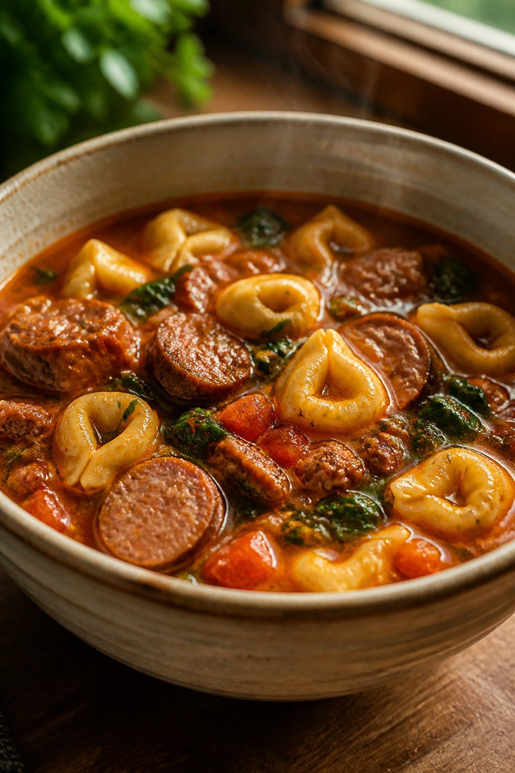 Close-up of sausage tortellini soup with spinach in a ceramic bowl