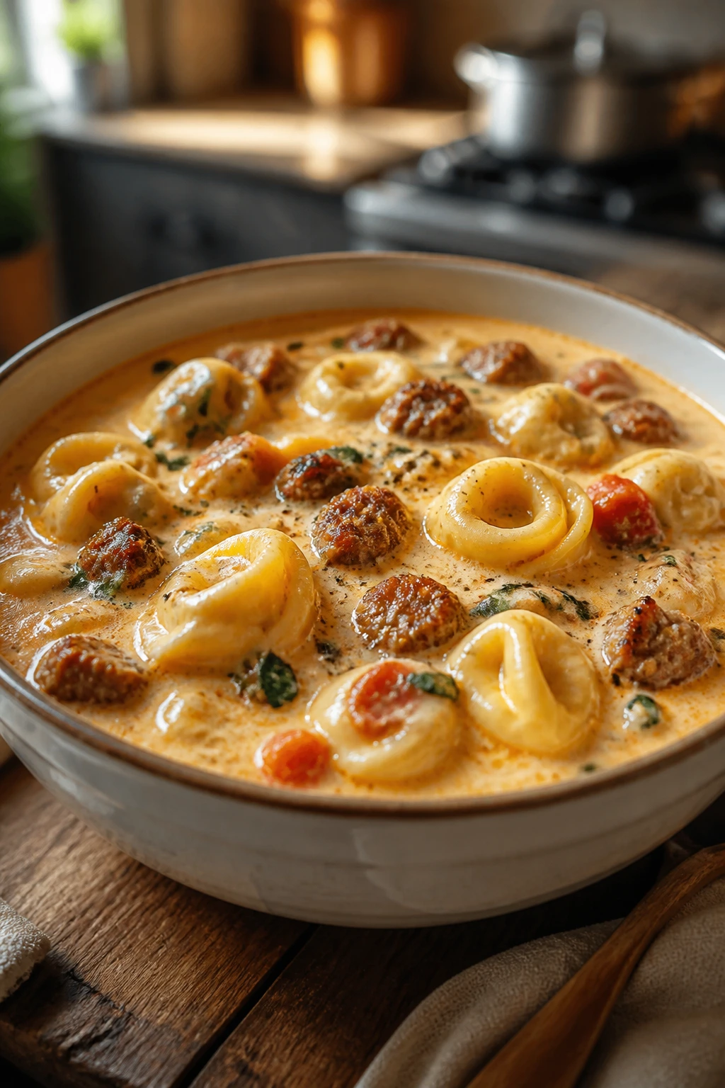 Close-up of cheesy sausage tortellini soup in a creamy broth