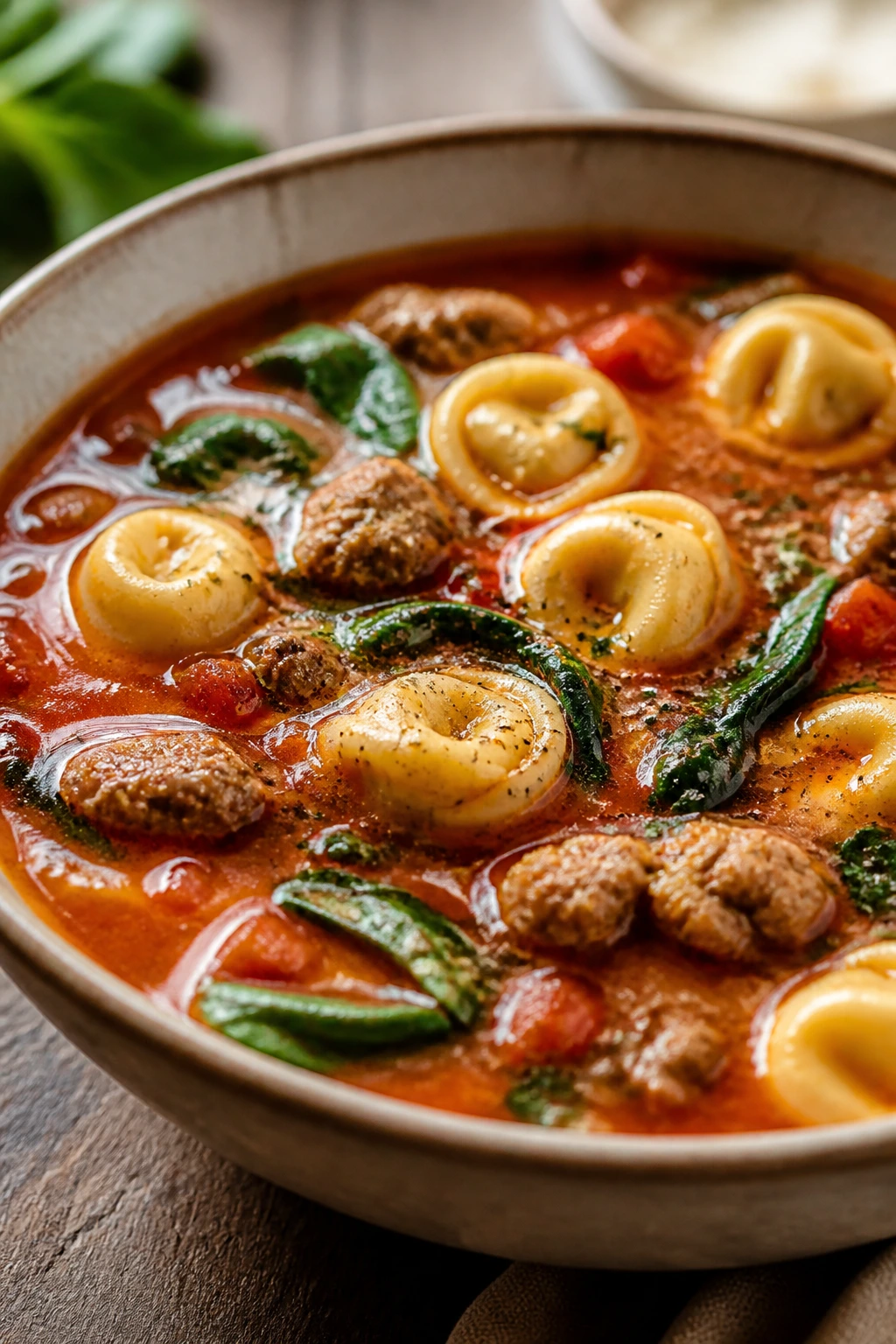 Hearty tomato sausage tortellini soup with spinach in a close-up bowl