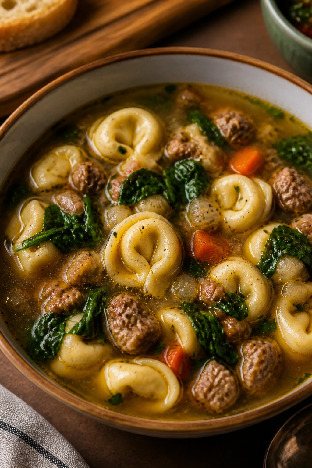 Steaming Sausage Tortellini Soup in a bowl with sausage tortellini and spinach