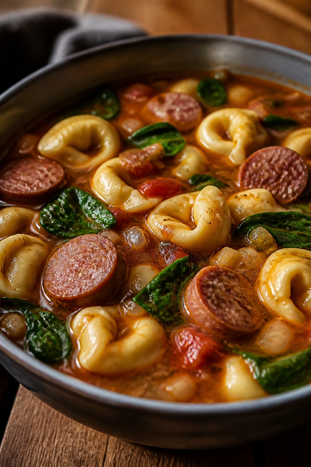 Steaming bowl of sausage tortellini soup with greens