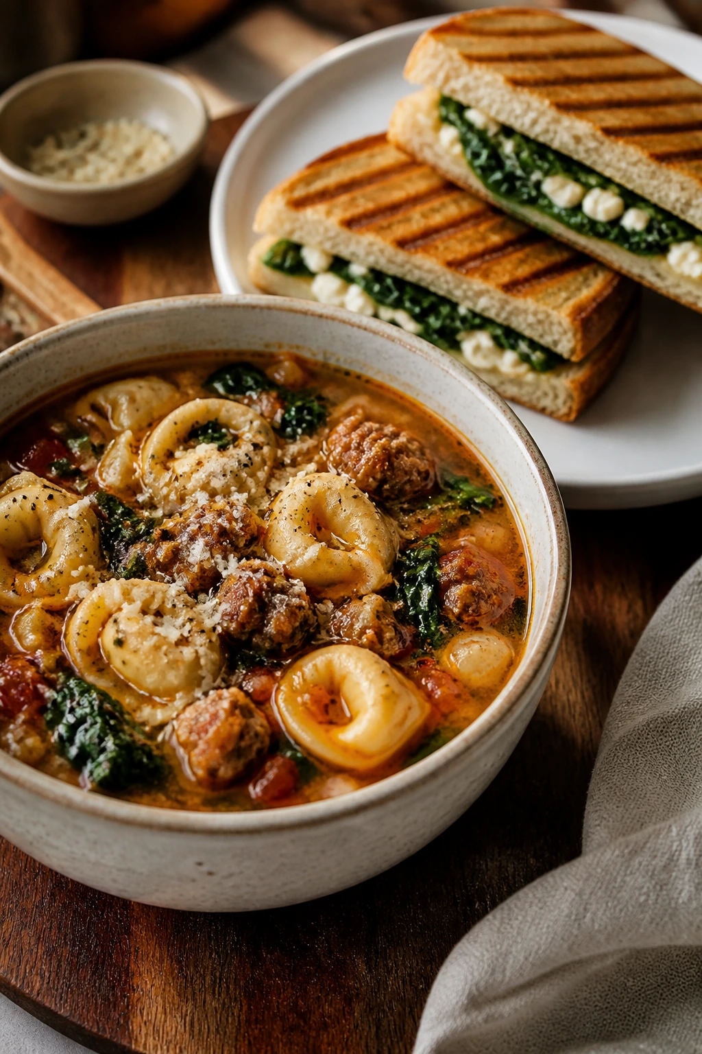 Sausage tortellini soup with spinach feta panini on a wooden table