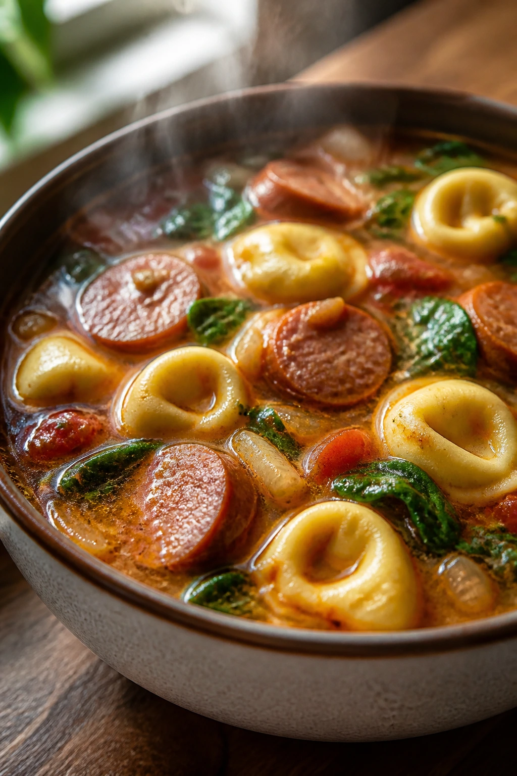 Steaming bowl of sausage tortellini soup with sausage, tortellini, tomatoes and spinach