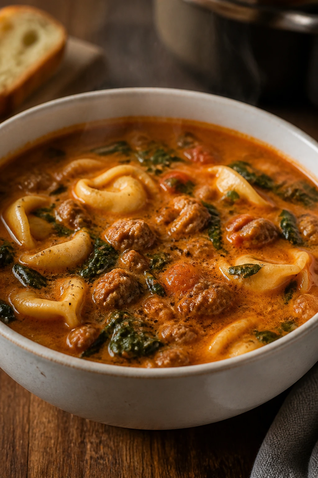 Close-up of Italian sausage tortellini soup with sausage, tortellini and spinach in a creamy broth