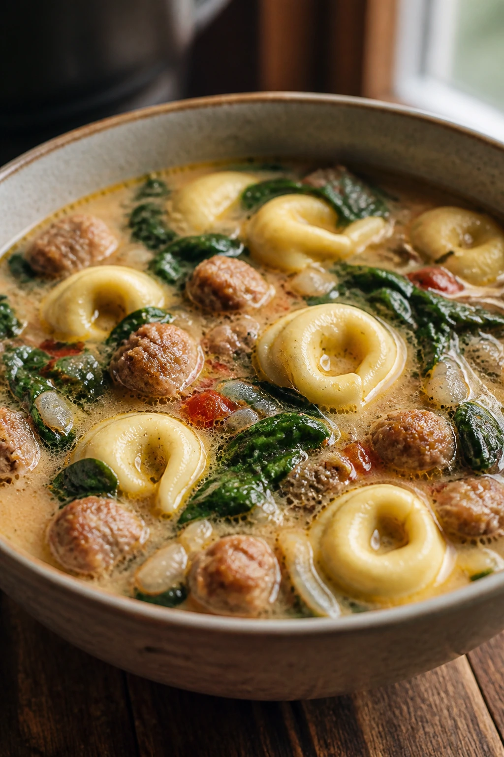 Close-up of a steaming bowl of Sausage Tortellini Soup with Spinach showing sausage, tortellini, and spinach in a golden broth