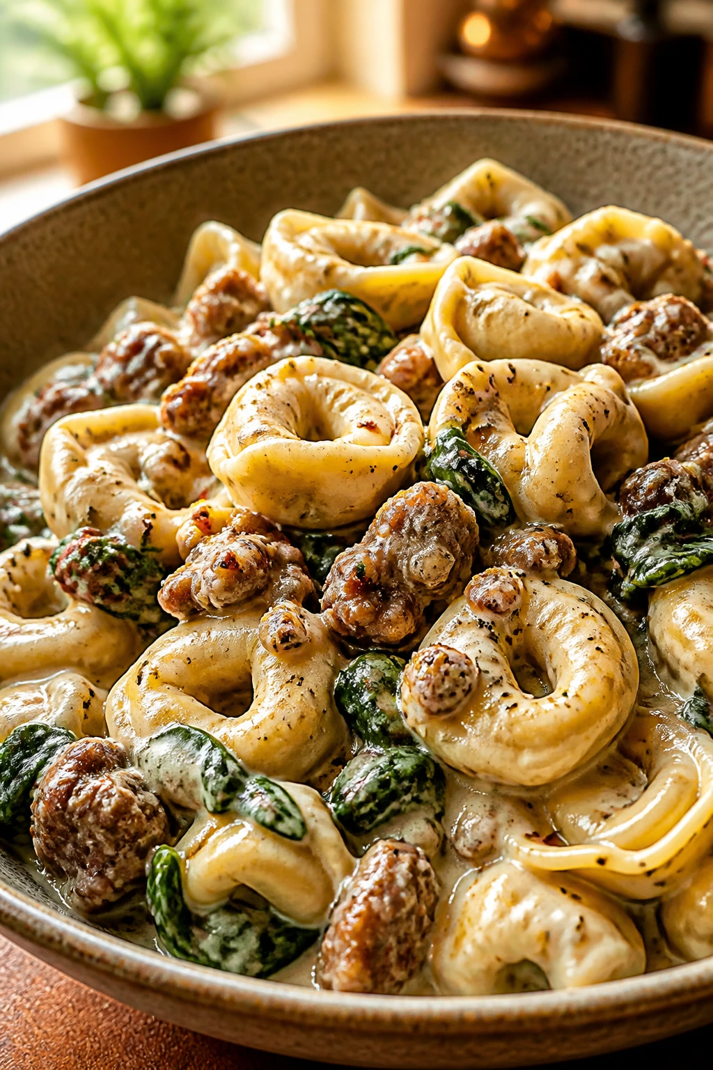 Creamy sausage tortellini with spinach in cream sauce