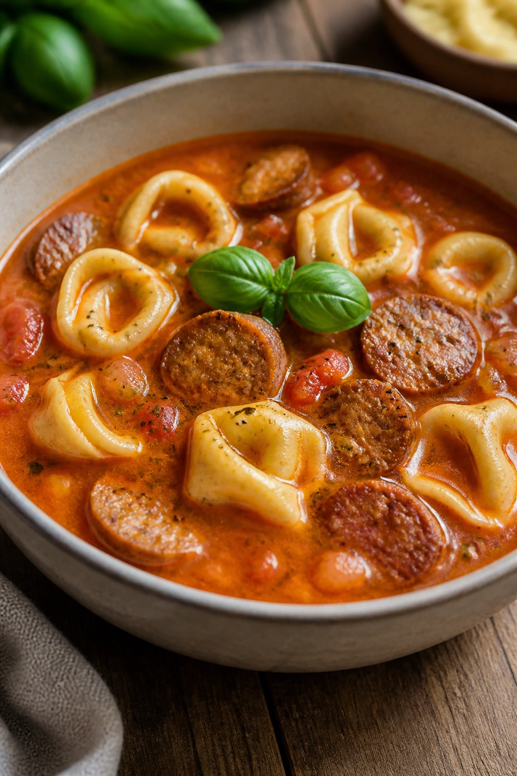 Close-up of tomato tortellini soup with sausage in a ceramic bowl