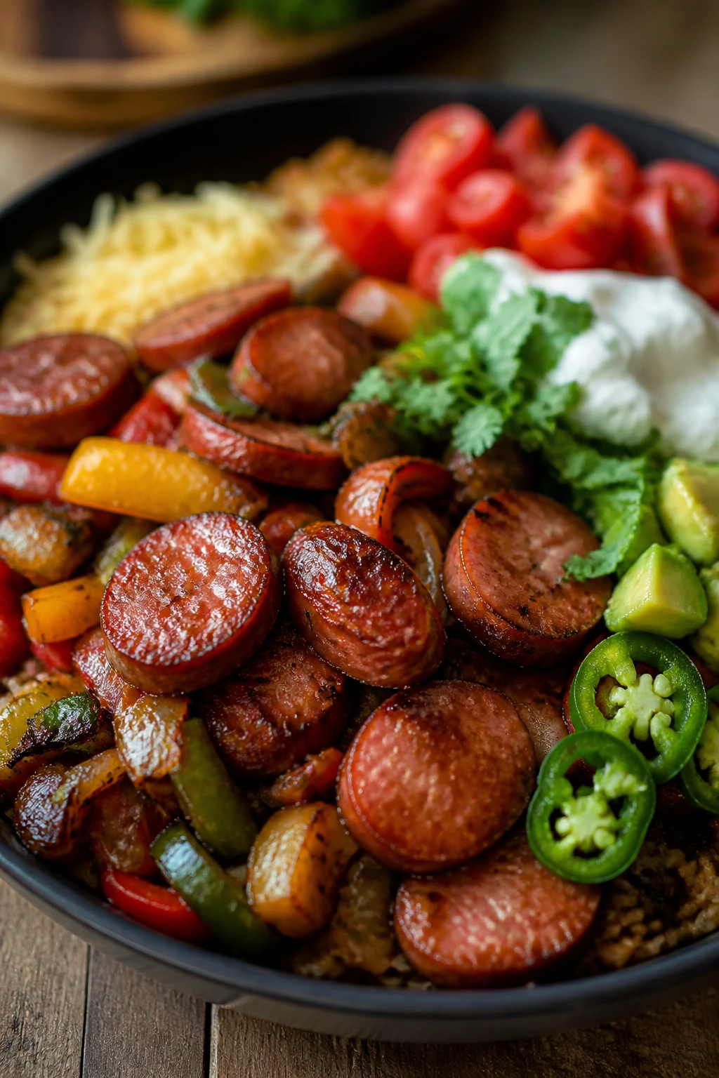Sausage dish with colorful toppings showing variations