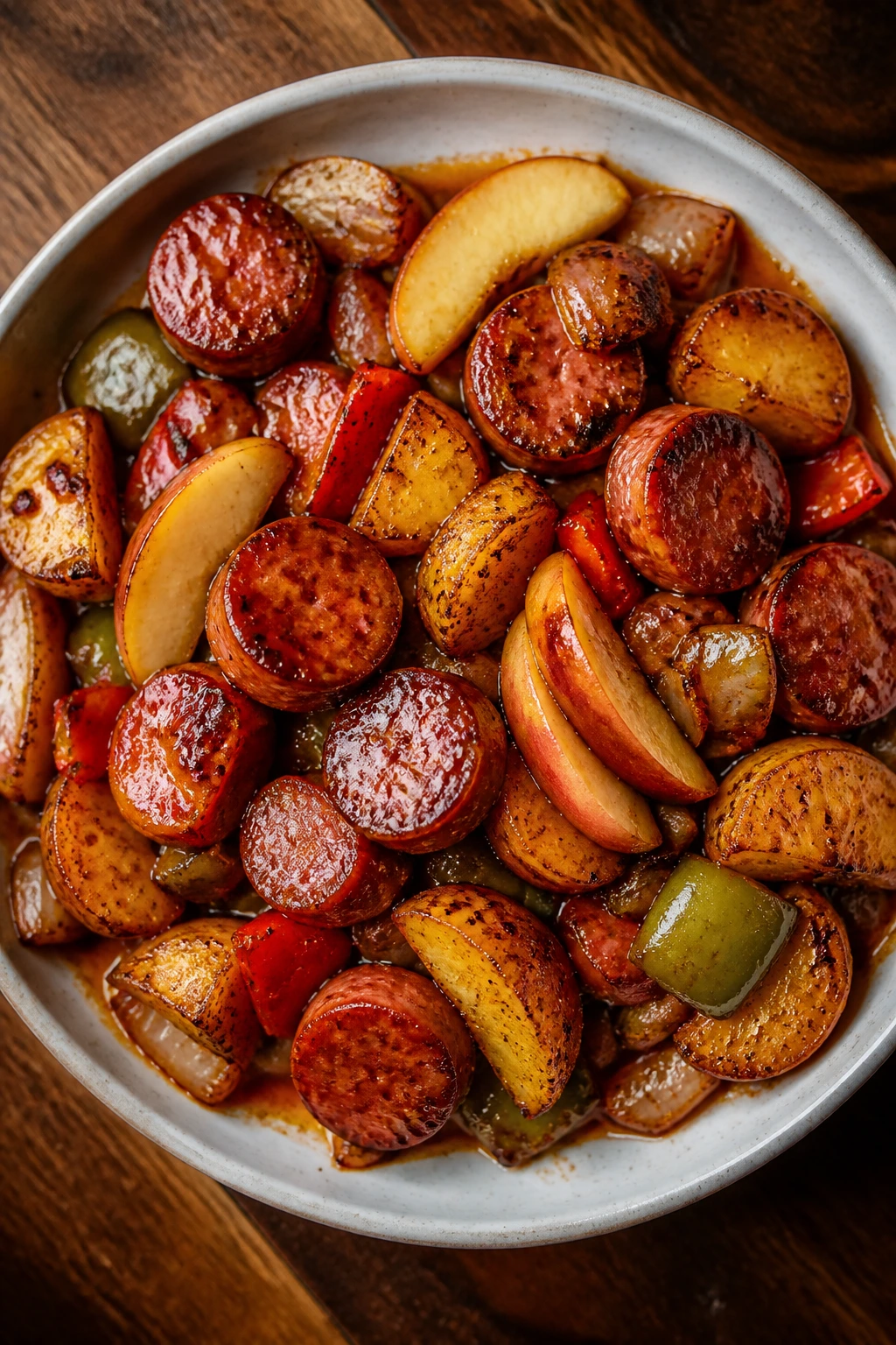 Plate of smoked sausage with an apple wedge variation