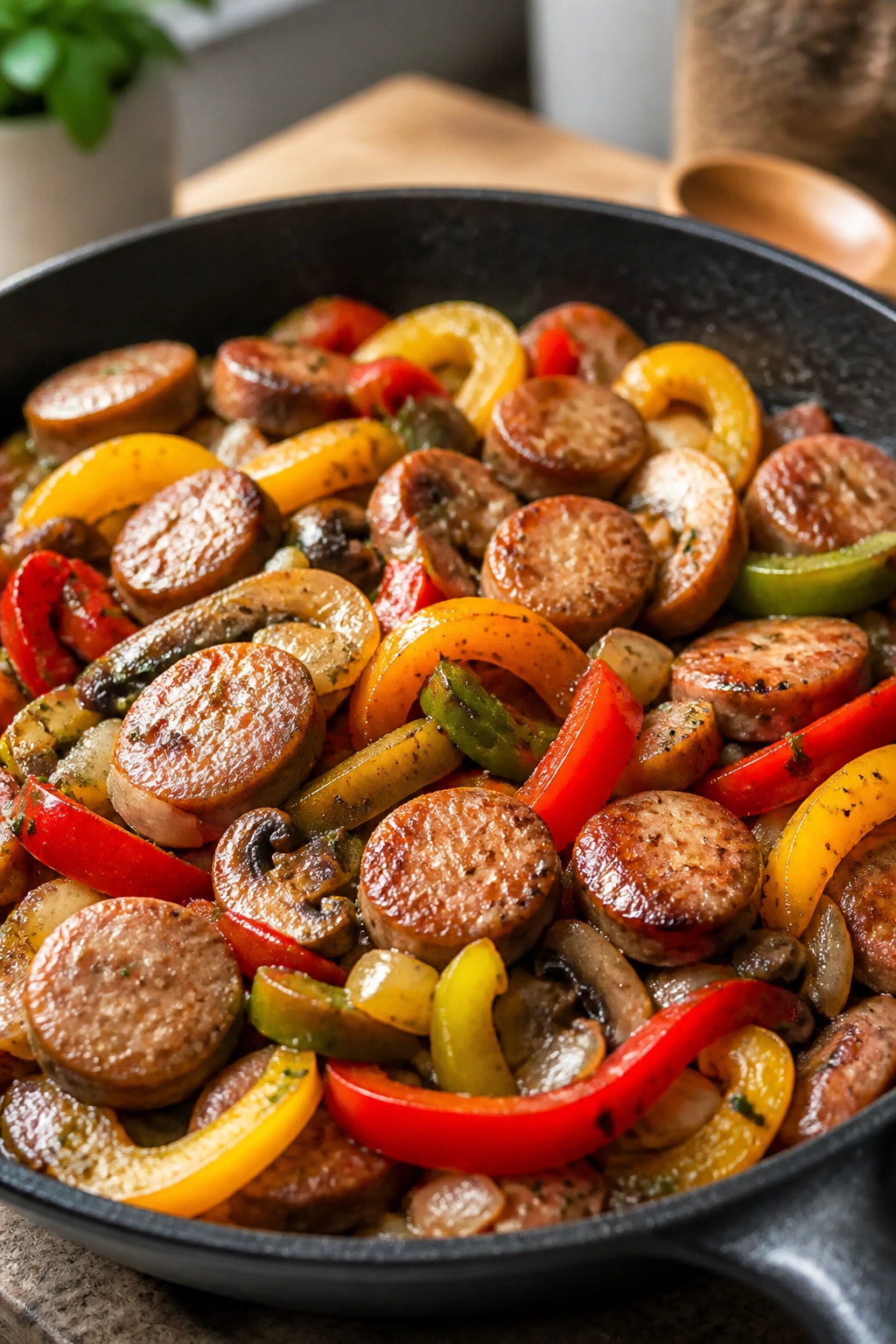 Sausage, peppers, and mushrooms skillet showing variations.