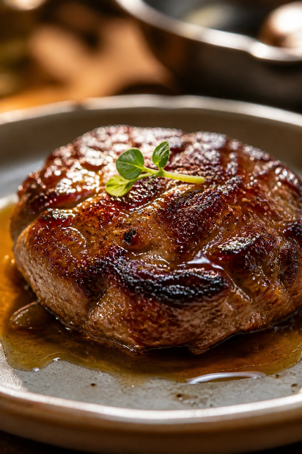 Glossy glazed sausage patty with subtle garnish