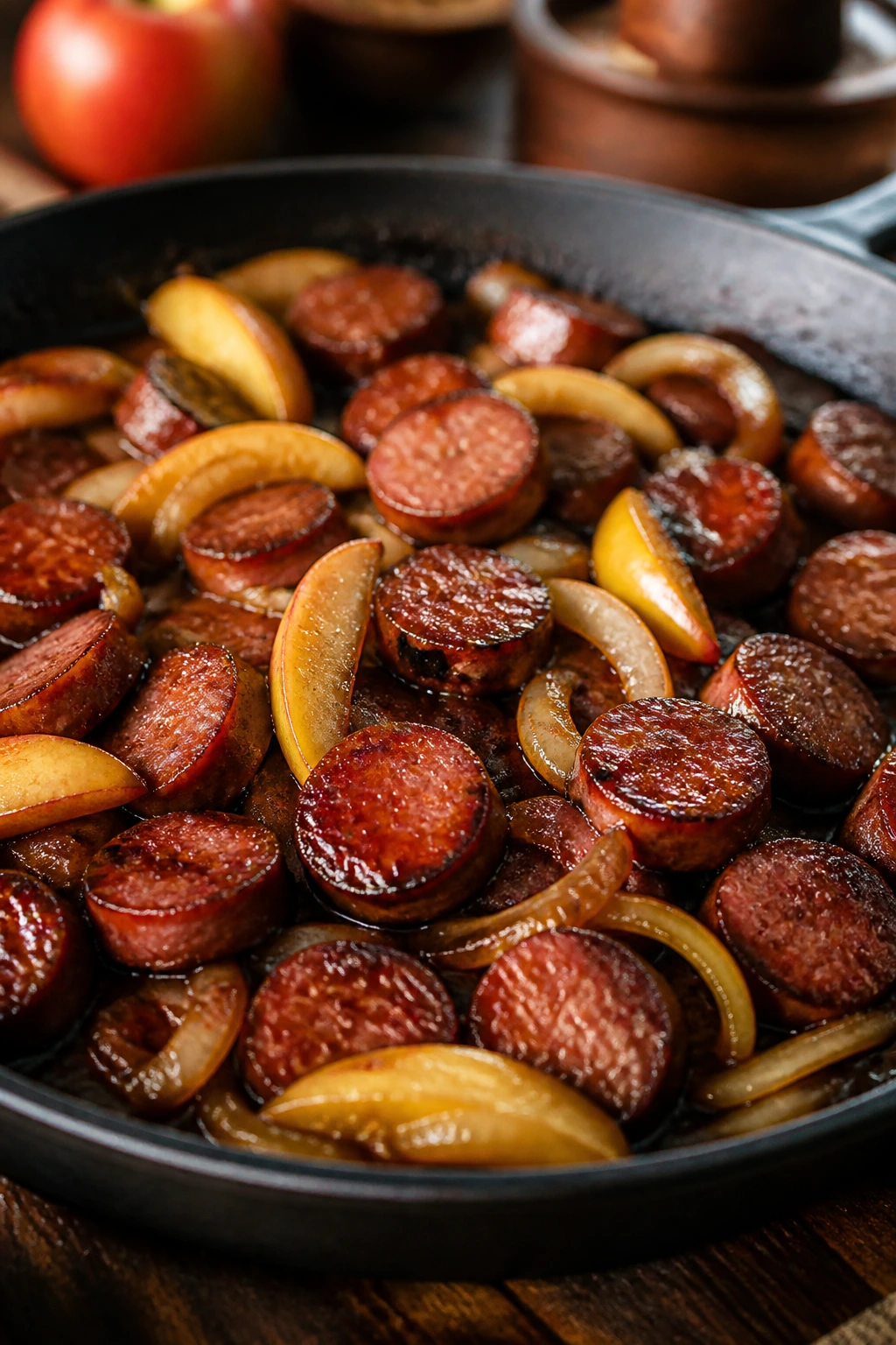 Sausage with glossy glaze and hints of apples and onions in a skillet