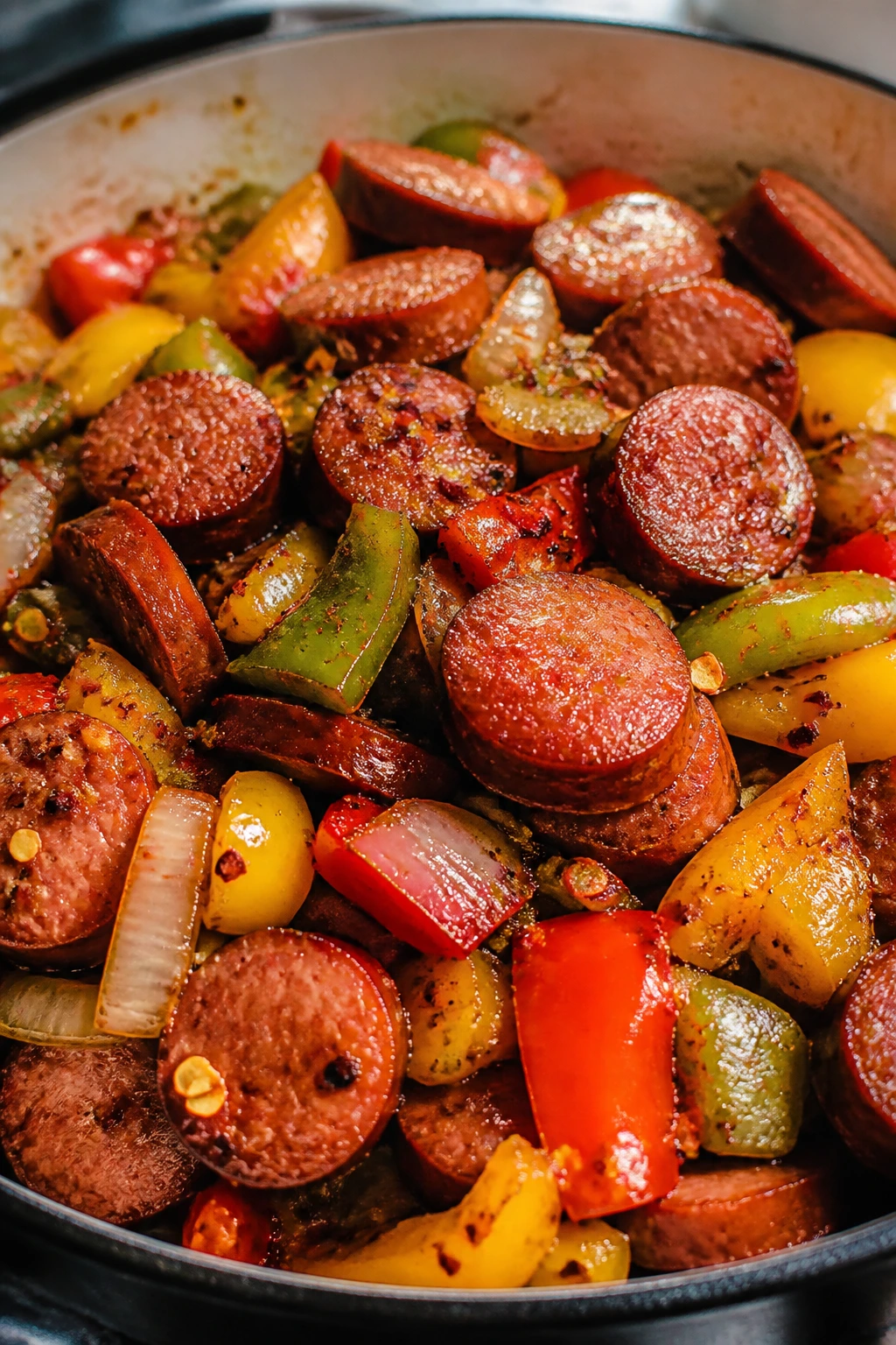Smoked sausage dish with peppers and red pepper flakes.