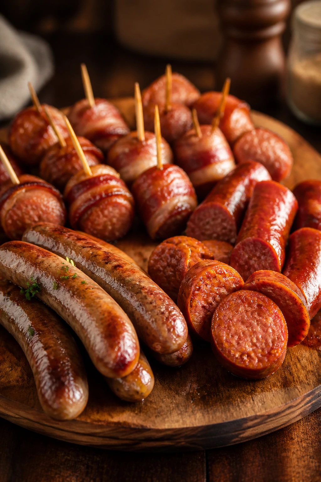 Assorted sausage variations on a serving board.