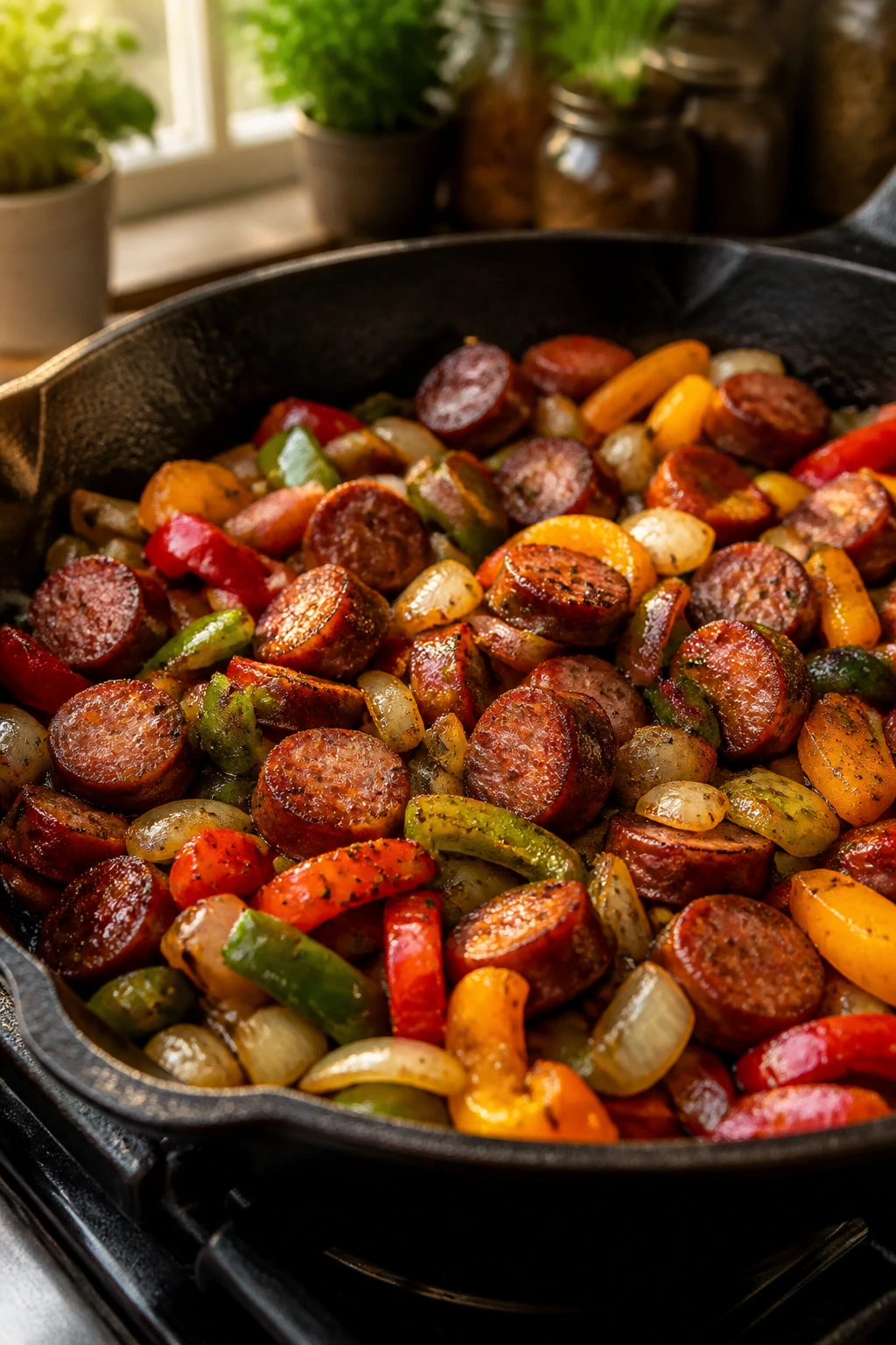 Close-up of a skillet with varied sausage slices and vegetables representing recipe variations