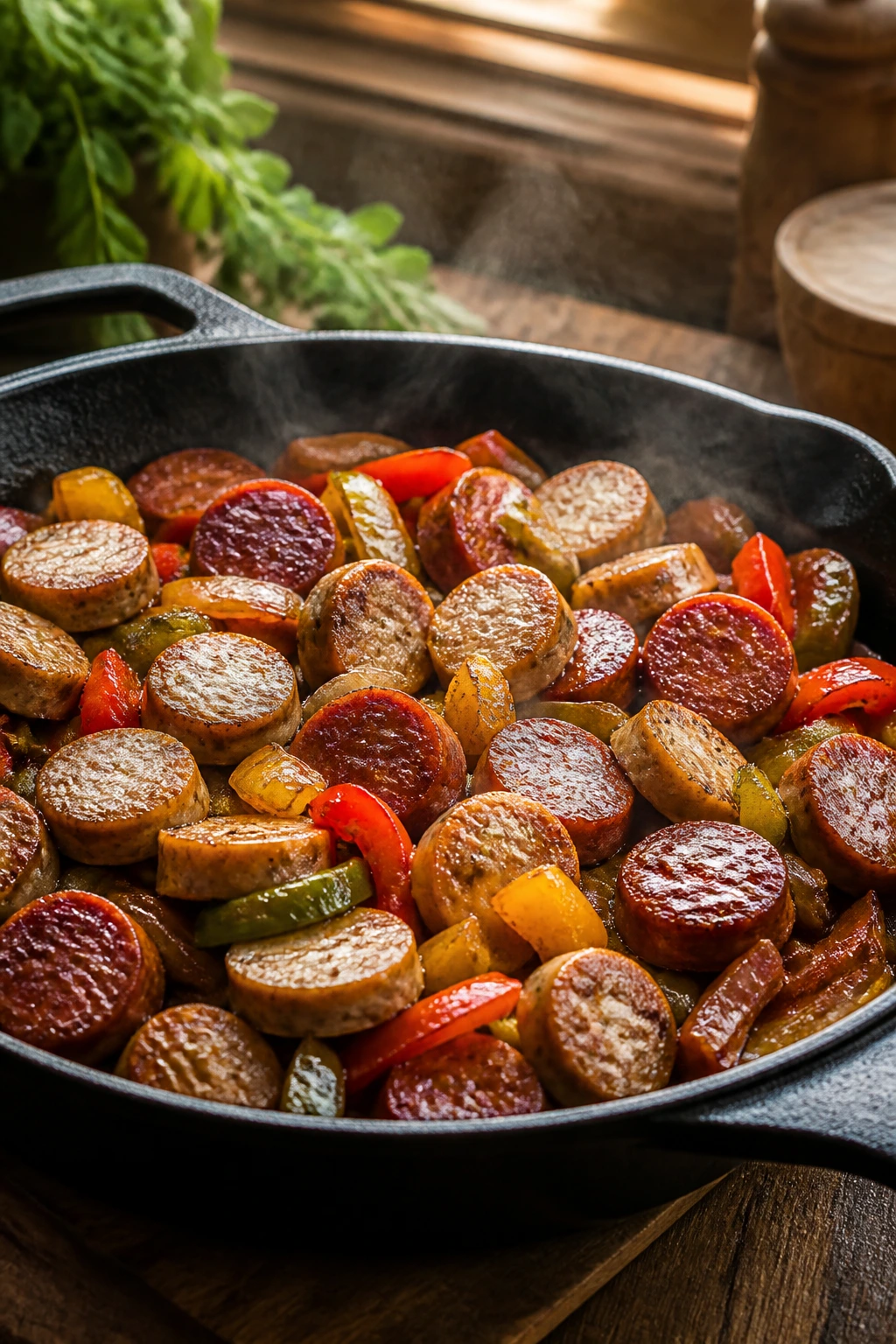 Close-up of a skillet with browned turkey and pork sausage slices with peppers and onions in a rustic kitchen