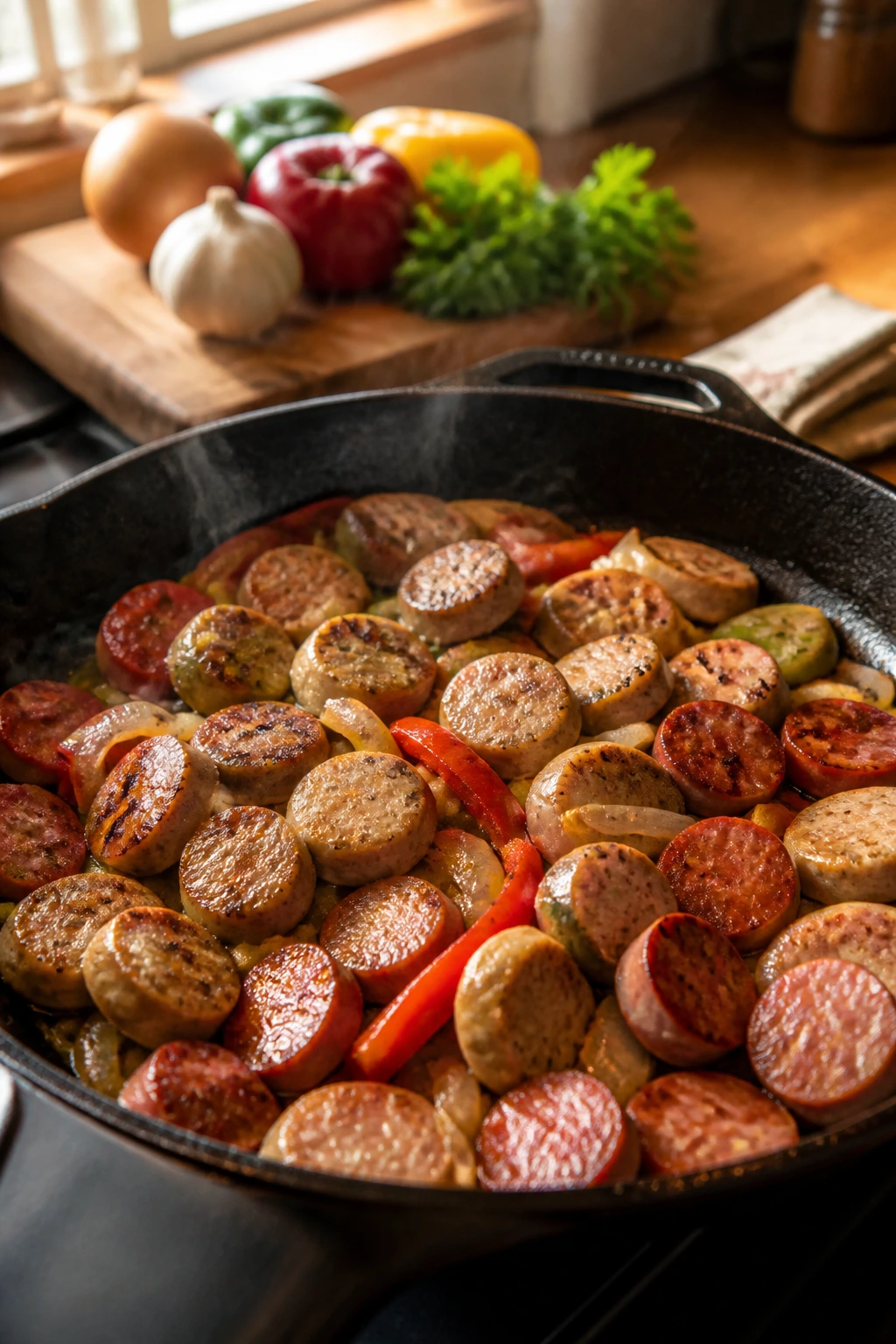 Close-up of varied sausage slices browning in a skillet with peppers and onions in a home kitchen