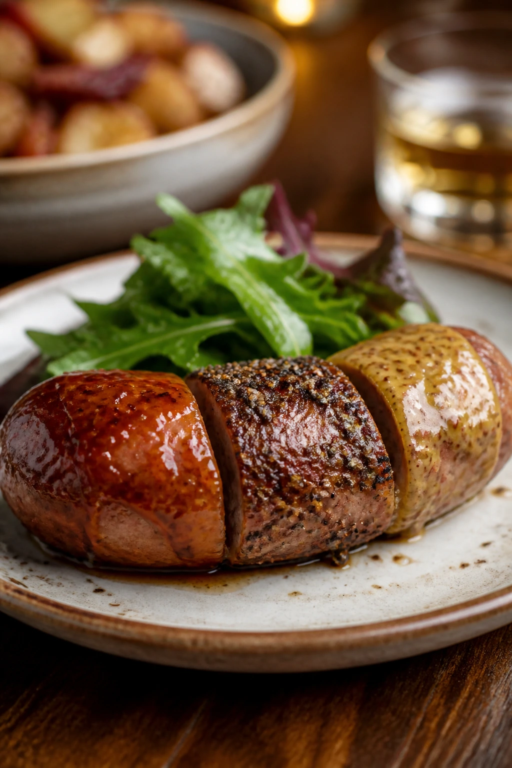 Plate with sausage segments showing three glaze variations on a warm plate.