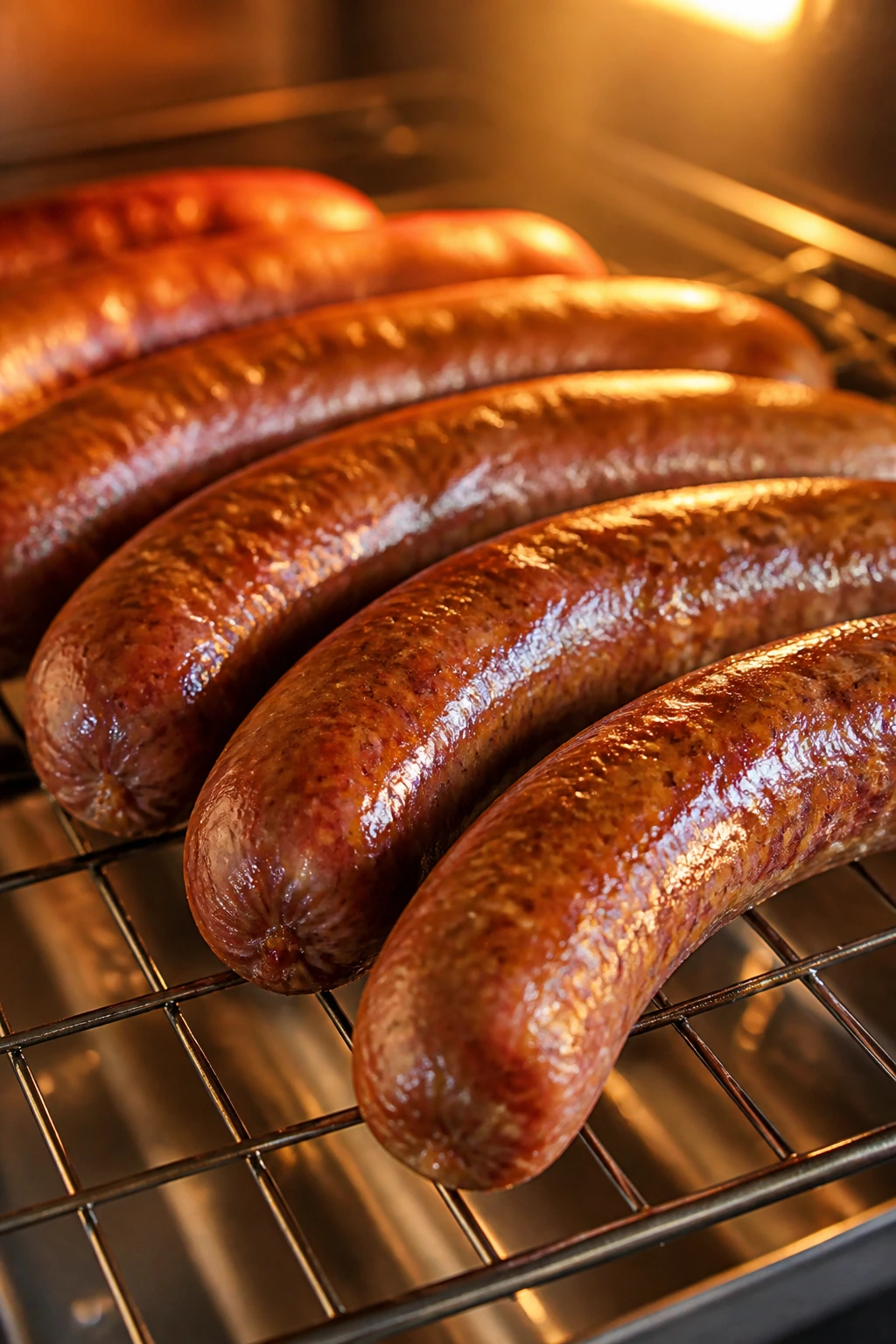 Sausage links on a warming rack in an oven