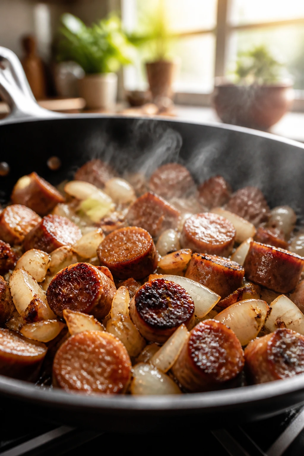 Sausage sizzling in a pan with onions in a bright kitchen