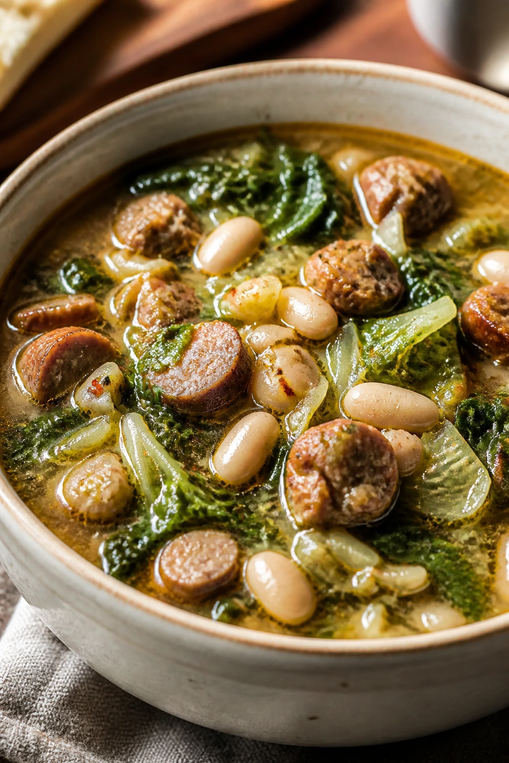Close-up of sausage white bean escarole soup in a bowl