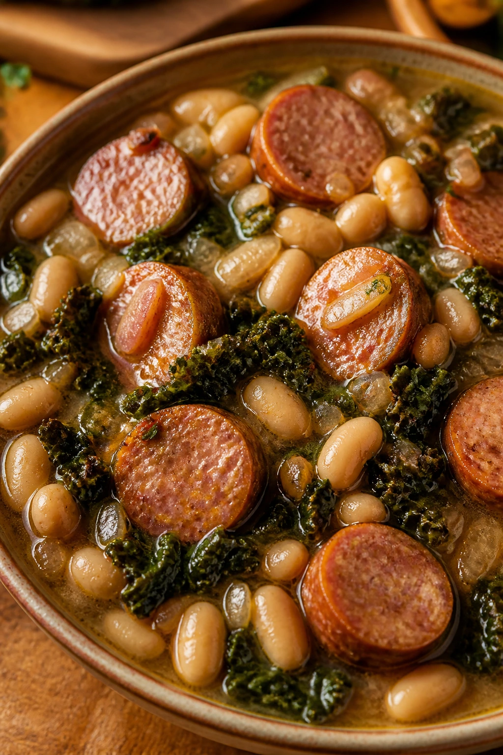 Sausage, bean, and kale stew in a bowl in a rustic kitchen