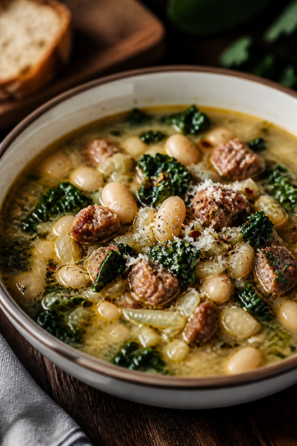 Steaming bowl of sausage, white bean, and kale soup
