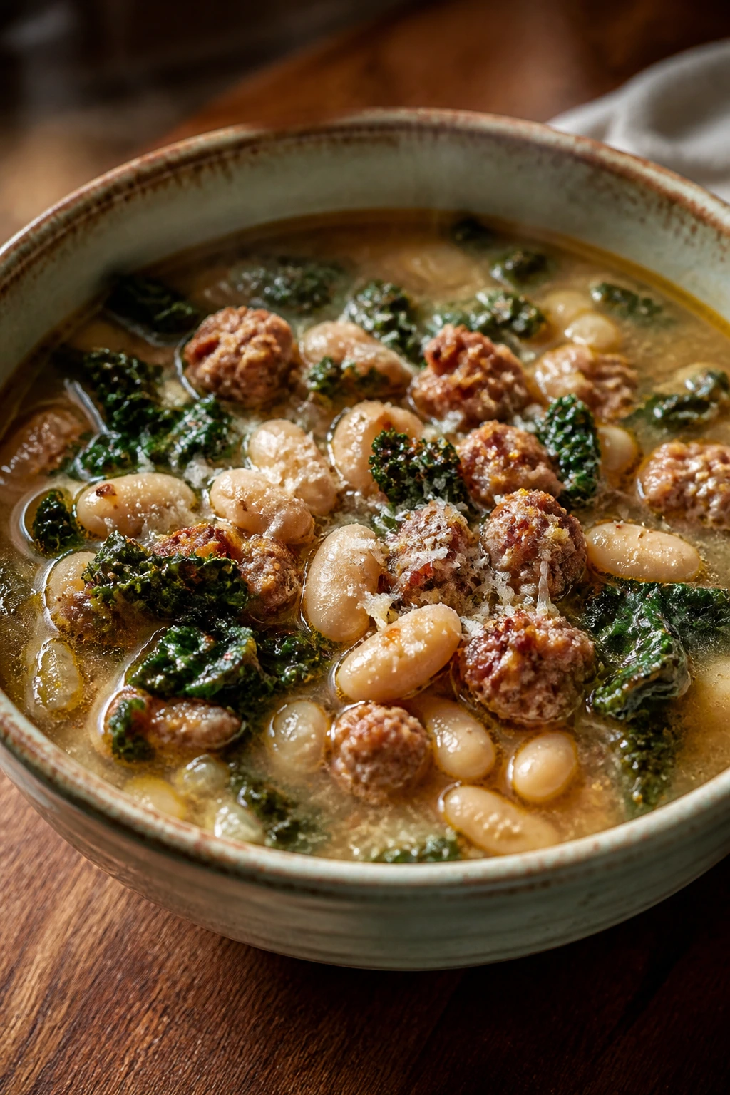 Steaming sausage white bean kale soup in a bowl