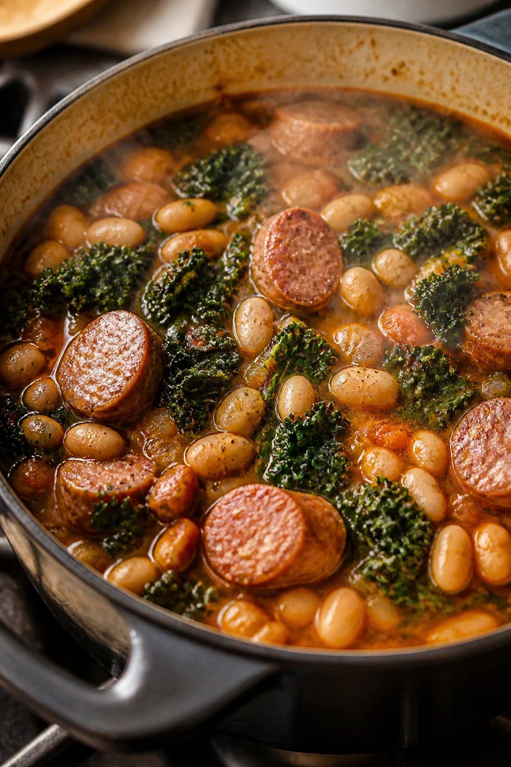 Hearty sausage white bean kale stew in rustic pot