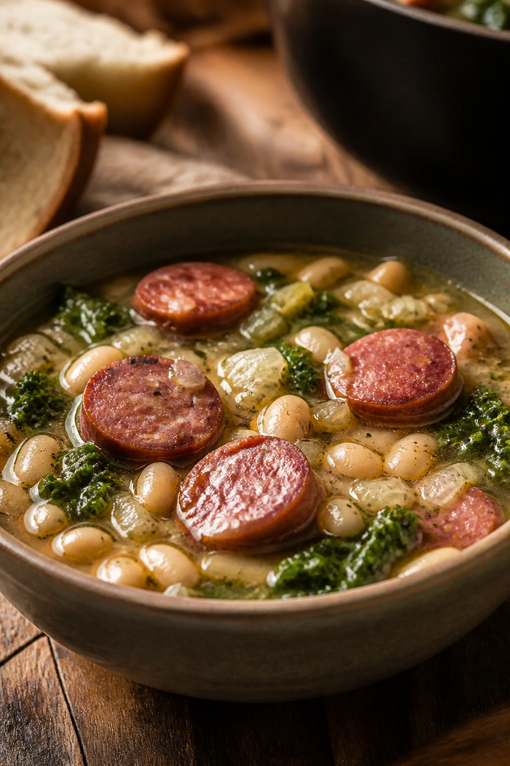 Sausage and white bean soup with kale in a bowl