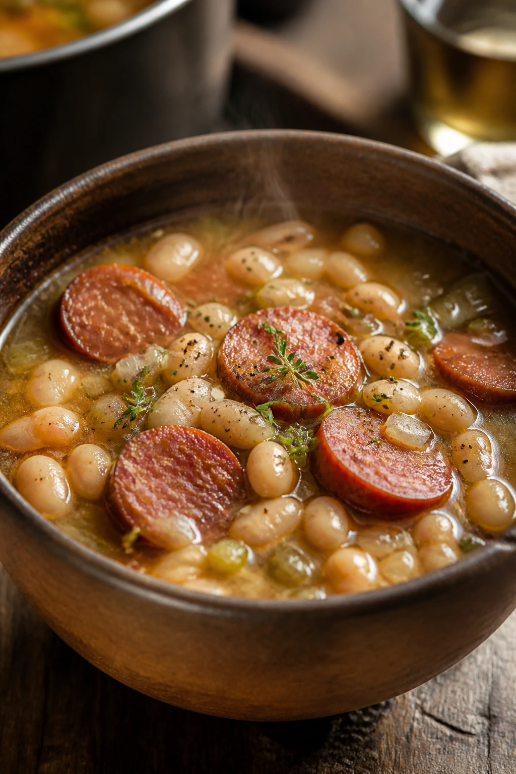Bowl of smoked sausage white bean soup with thyme