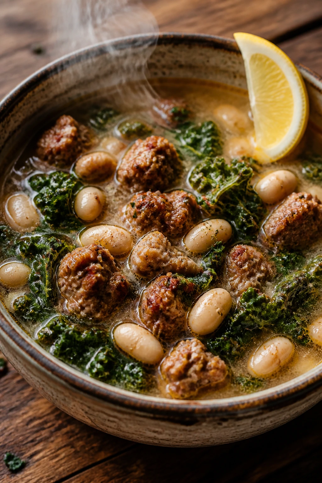 Bowl of hot sausage and white bean soup with kale