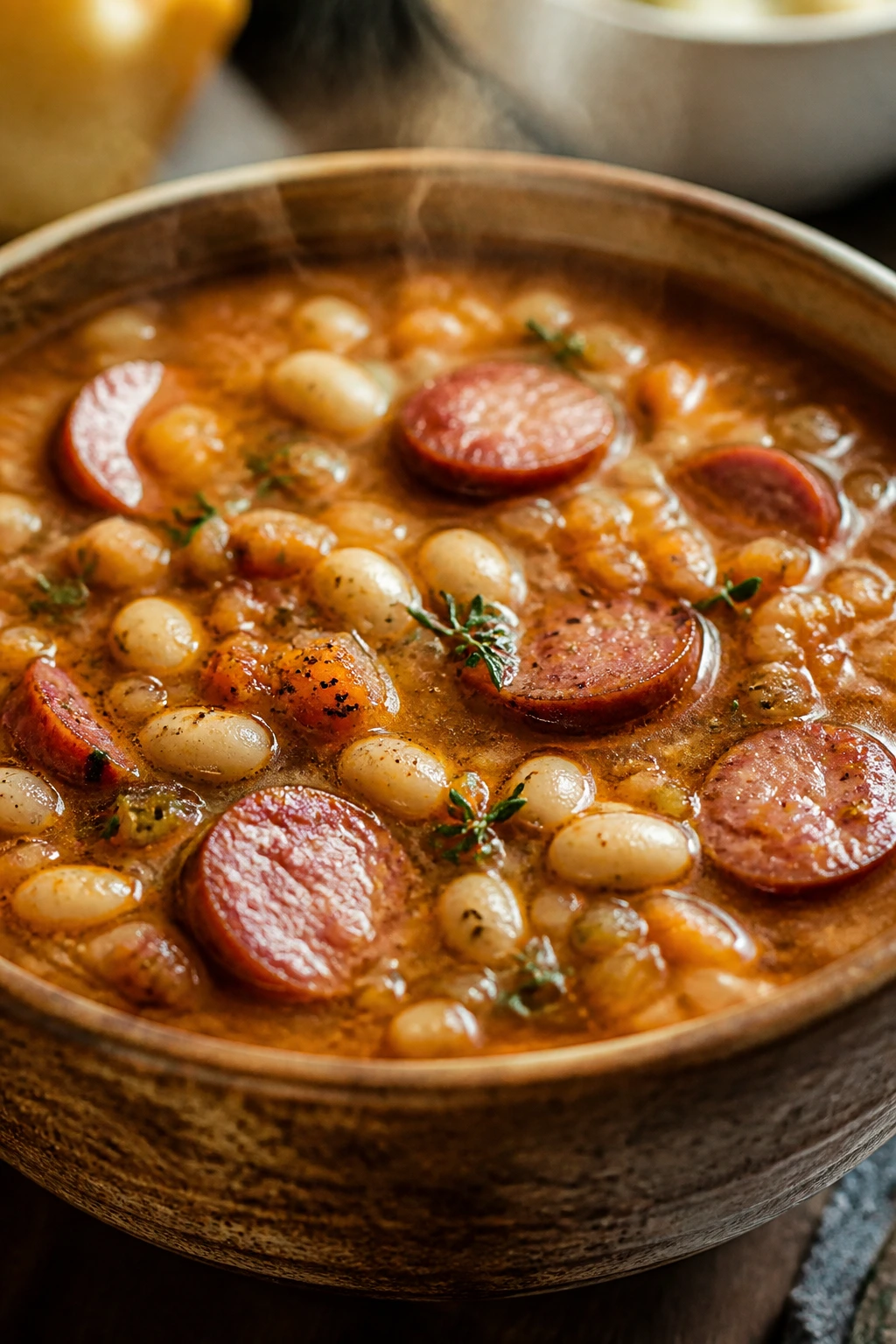 Smoked sausage and white bean soup in bowl