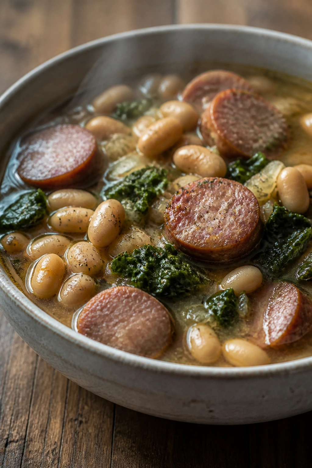 Bowl of smoked sausage white bean soup with kale