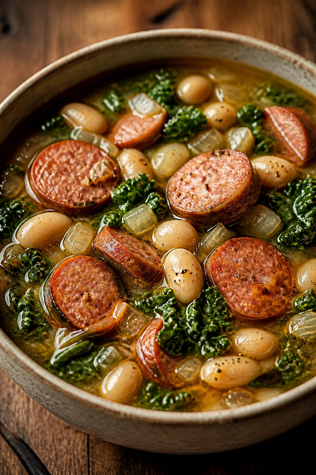 Steaming bowl of sausage, white beans, and kale soup with a rich broth.